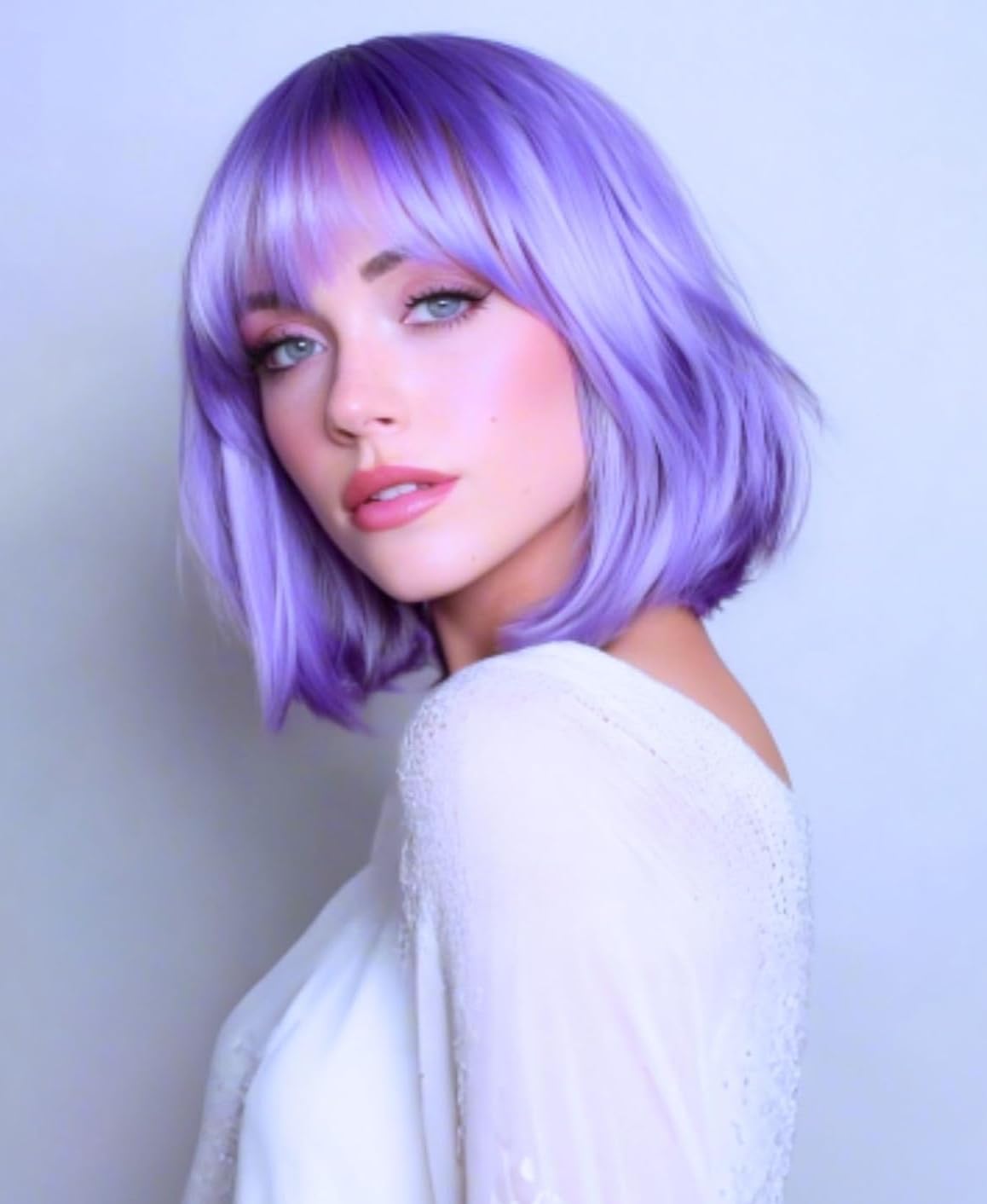 PORSMEER Short Purple Bob Wigs with Fringe For Womens Natural Synthetic Hair Costume Cosplay Wig for Anime Halloween Fancy Dress Party+Wig Cap,light purple — image 1