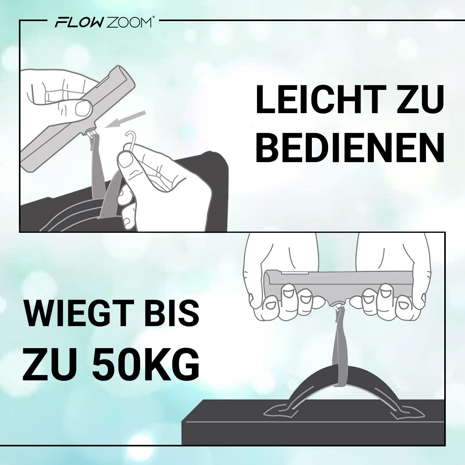 FLOWZOOM Kofferwaage ohne Batterie - Kofferwaage digital mit Haken - Batterielose Gepäckwaage für Koffer - Hängewaage mit Transportbeutel und TARA-Funktion - Luggage Scale - Modell: SHAKEE, schwarz 4
