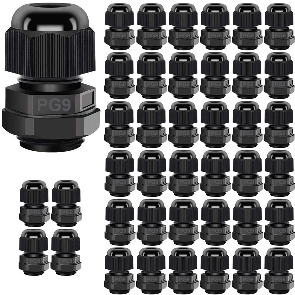 Gebildet 40 x PG9 Cable Glands, IP68 Waterproof Cable Connectors, M16 x 1.5 Plastic Cable Connector, Diameter 4-8 mm, Cable Glands for Home/Garden/Outdoor Lighting Cable (Black)