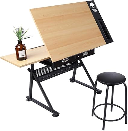 Lyrlody Table A Dessin Et Tabouret Plateau Inclinable Bureau A Dessin Inclinaison Reglable Table De Travail Avec Tiroirs De Rangement Bureau Dessin Avec Tabouret Pour Art Et Artisanat Enfant Adulte Amazon Fr Cuisine