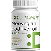Wild Caught Cod Liver Oil 2,000mg Per Serving, 240 Softgels – Extra Strength EPA DHA Omega 3 with Vitamin D & A – Burpless, Lemon Flavored – Vision, Heart, Brain, & Immune Support