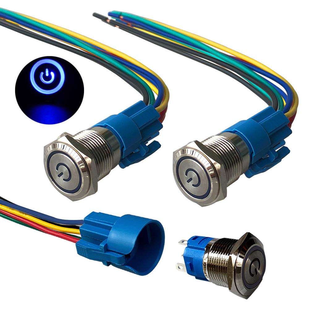 QitinDasen 3Pcs Premium 12V/24V 5A Self-locking Latching Push Button Switch, 19mm Car Ignition Starter Switch, Blue LED Light Stainless Steel IP67 Waterproof Switch with Socket Plug Wire