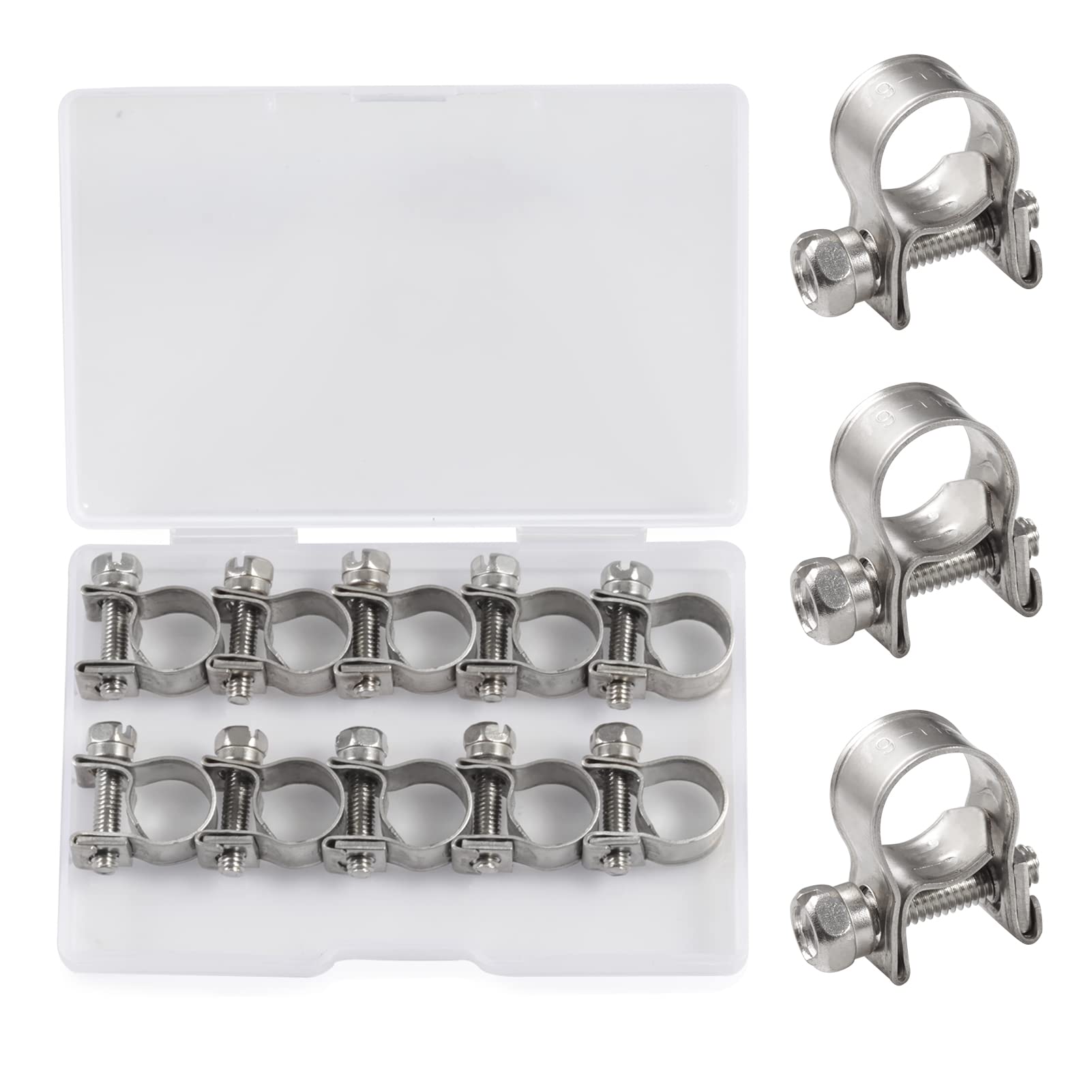 SPEEDWOX 10 Pcs Mini Fuel Injection Hose Clamps 304 Stainless Steel Adjustable Pipe Hose Clip Tube Clamps Set with Storage Box for Diesel Petrol Pipe Automotive Plumbing (9-11mm)