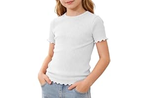 Girls Ribbed T Shirts Teen Crew Neck Short Sleeve Tshirts Summer Cute Solid Slim Tops Casual Comfy Soft Trendy Tee