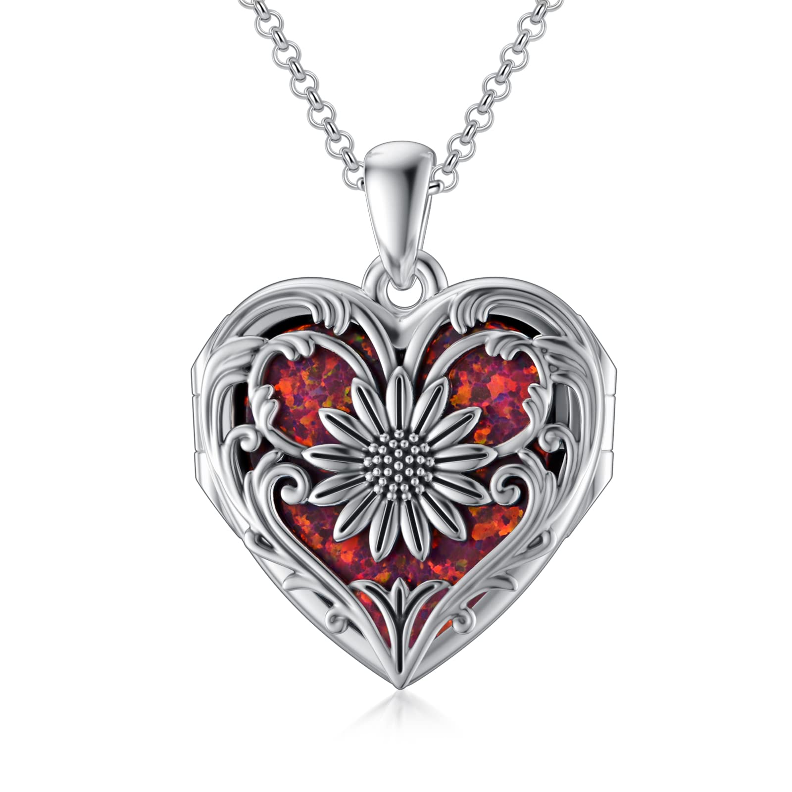 SOULMEET Sunflower Heart Locket Necklace That Holds 3 Pictures with Red Opal, You Are My Sunshine Locket Necklace to Keep Family Members Near to You (Locket only)