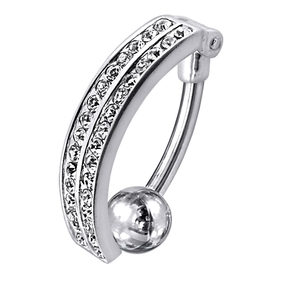 MONSTER PIERCING Clear Multi Stone 2 Layer Curved Style Reverse Bar 925 Sterling Silver Belly Bar Piericng