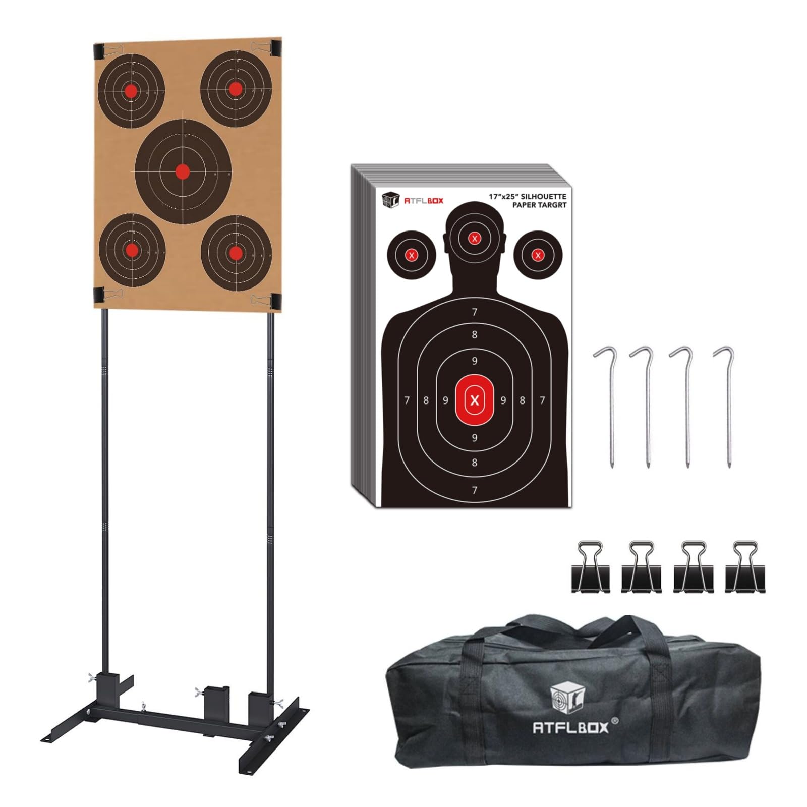 Photo 1 of Atflbox Shooting Target Stand with 10pcs 17x25 Inch Paper Targets, Durable Paper Target Holder with Stable Adjustable Base for Cardboard Silhouette, H Shape, USPSA/IPSC, IDPA Practice (A -1 Pack)