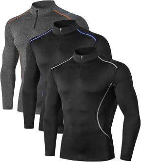 Odoland Mens 3 Pack Turtleneck Compression Shirts, Quarter Zip Long Sleeve Mock Shirt, Active Athletic Workout Base Layer Top