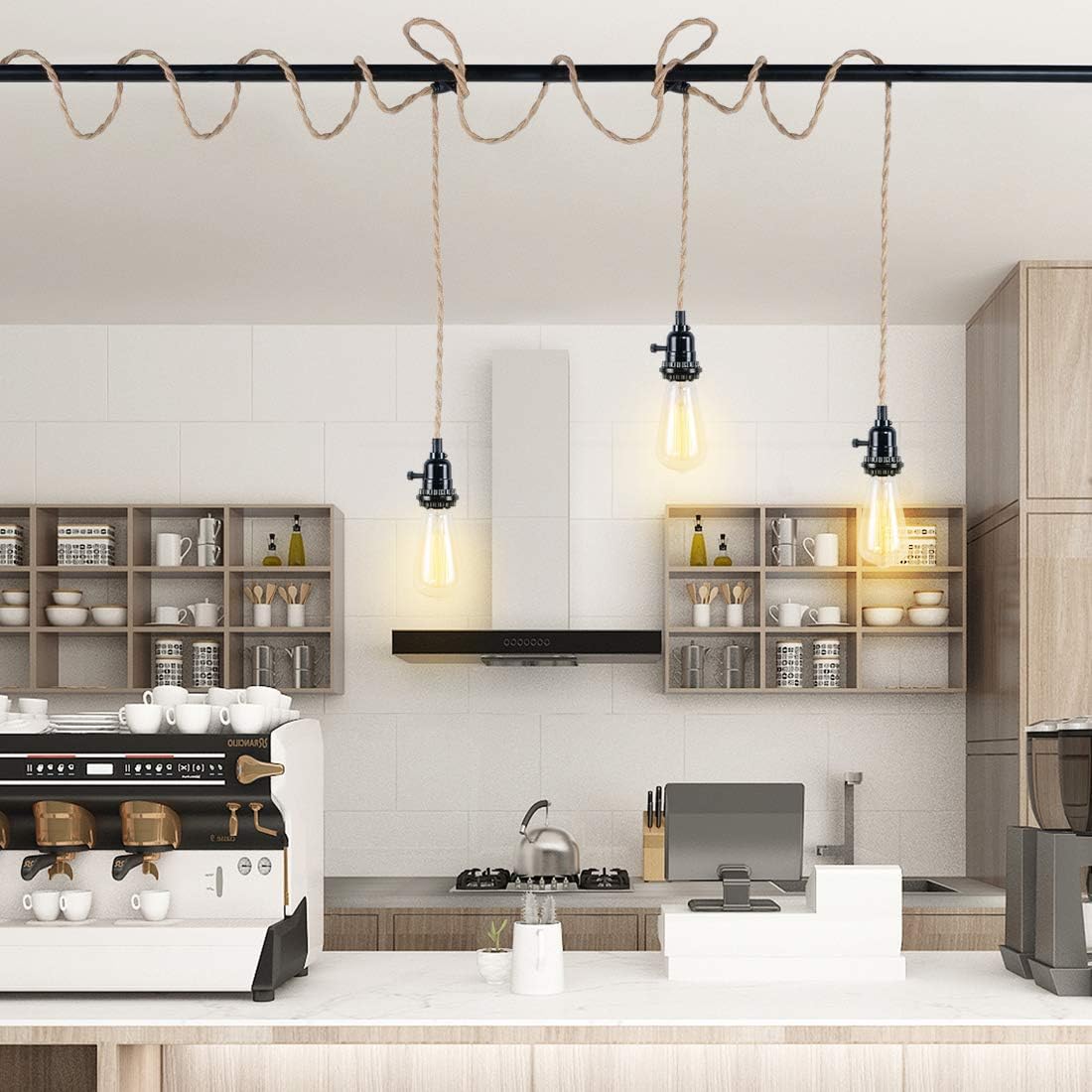 Triple Pendant Light Cord Kit with Independent Switch Hemp Rope Vintage Hanging Lighting Cord Fixture Compatible with E26 for Industrial DIY Projects Decoration - - 