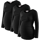 Bhome Women's Maternity Shirts 3 Packs Long Sleeve Pregnancy Tops Basic Side Ruched Tunic Blouse