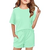 Haloumoning Girls Summer 2 Piece Outfits Kids Oversized T Shirts and Shorts Clothing Sets 5-14 Years