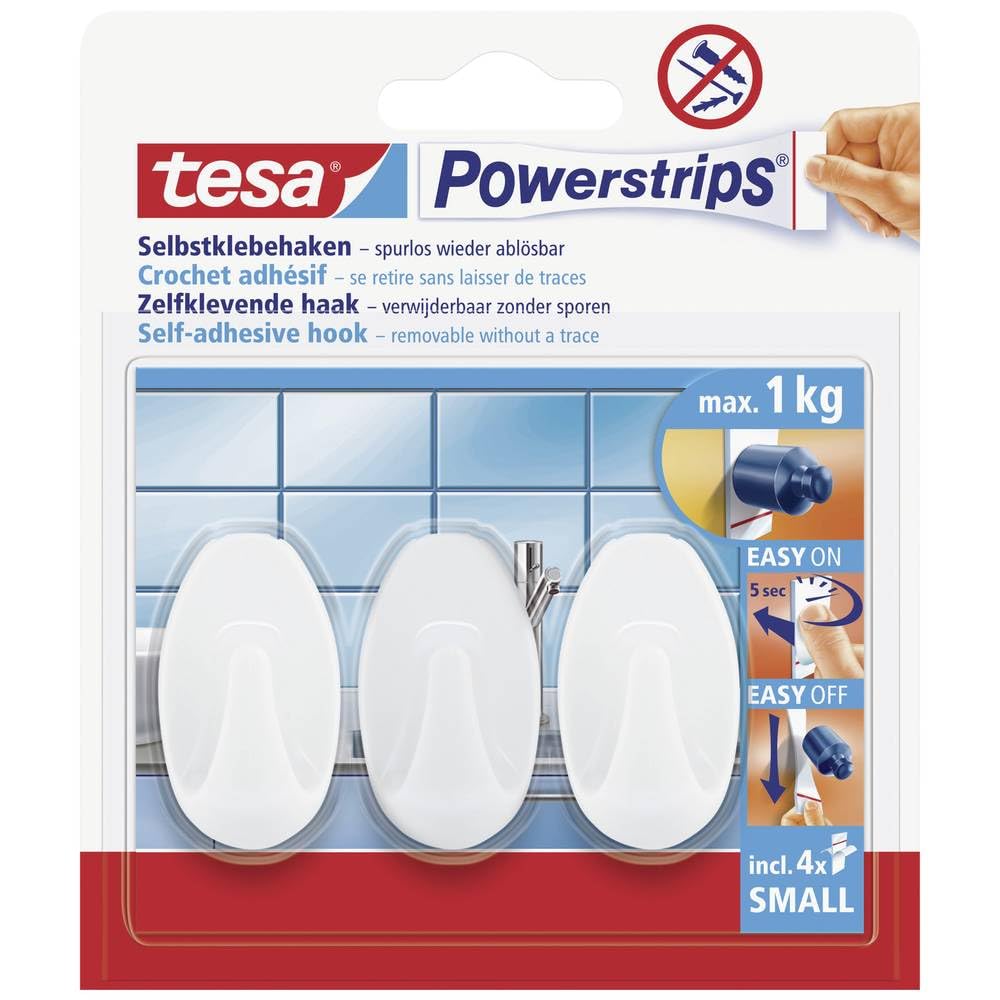 tesa UK Powerstrips Hooks Small OVAL - Removable Self-Adhesive Wall Hook for Glass, Tiles, Wood, Plastic and Other Surfaces - Waterproof - White - Strong Hold up to 1 kg