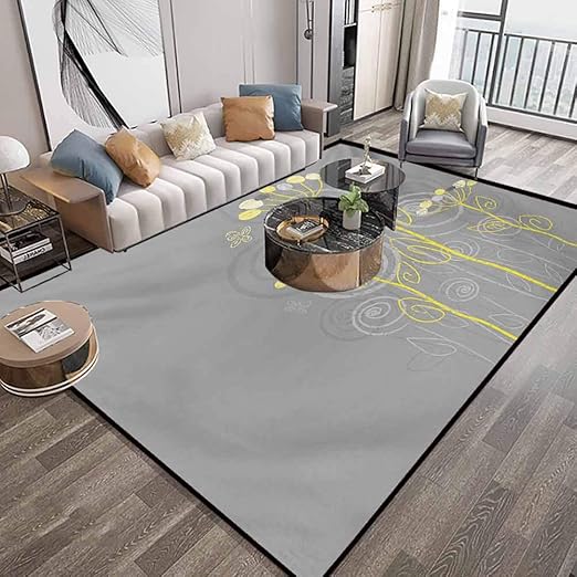 Alfombra de área gris y amarilla de 6 x 9 pies, flores inspiradas bajo