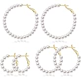 CERSLIMO Pearl Hoop Earrings for Women - 3 Pairs 14K Gold Plated & Sterling Silver Post Big Large Hoops 4mm Pearl Earrings Jewelry Gifts 20/30/40/50mm
