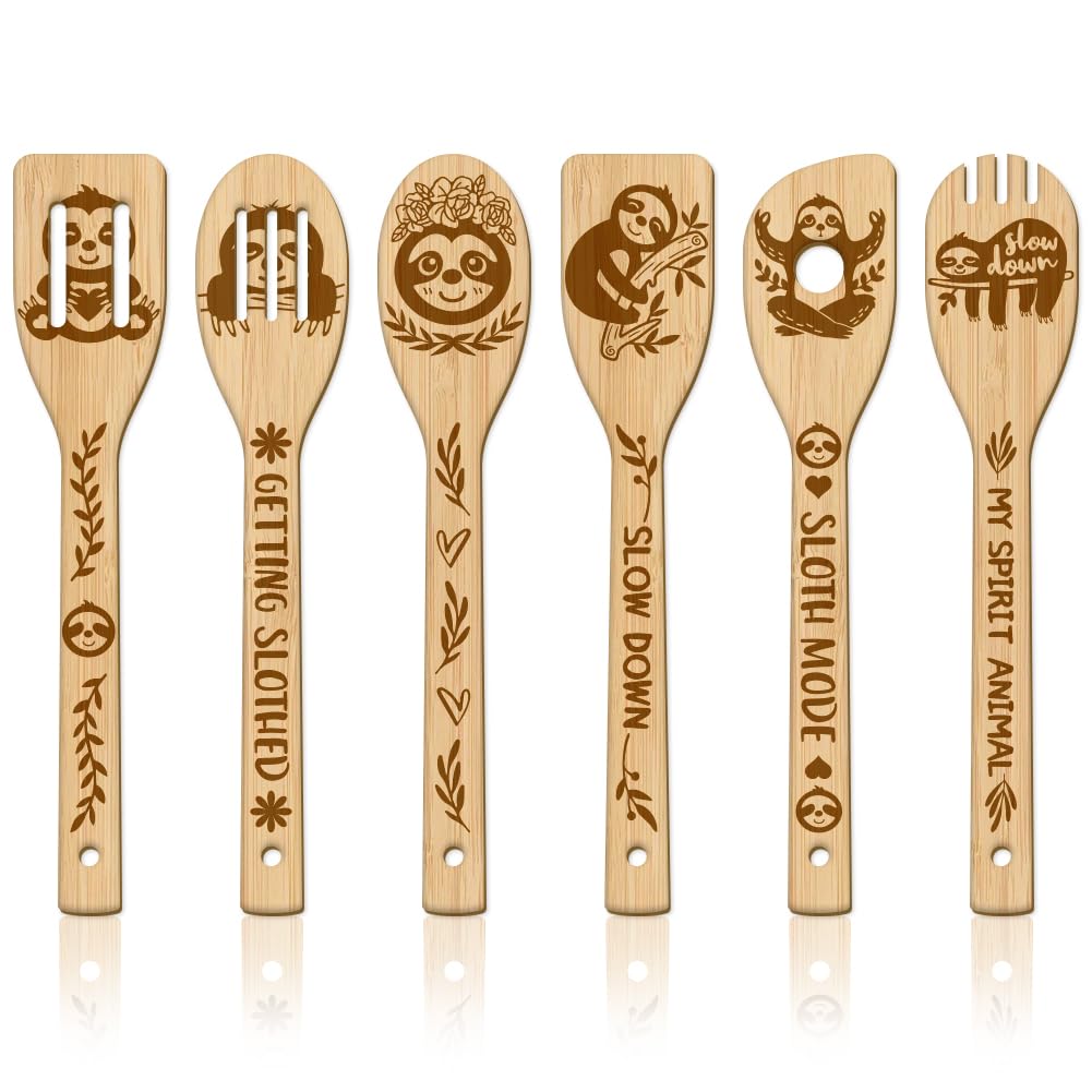 GLOBLELAND 6Pcs Sloth Bamboo Cooking Utensils Wooden Engraved Cooking Spoons Set Carving Kitchen Bamboo Spatula Set Wood Cooking Spoon for Kitchen Fun House Mother Friend Women Warming Gift
