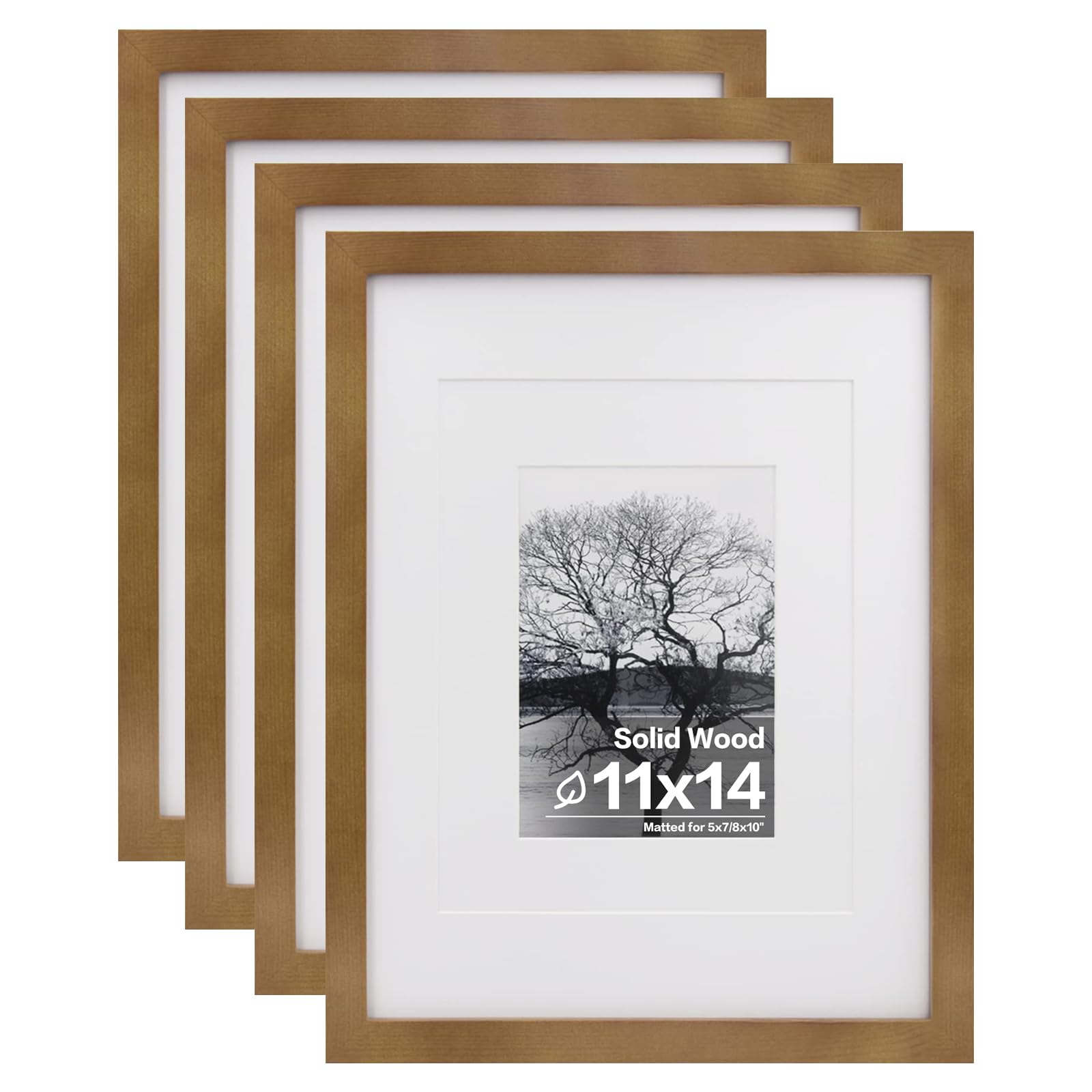 Photo 1 of Egofine 11x14 Picture Frames 4 Pack Display Pictures 5x7/8x10 with Mat or 11x14 Without Mat Made of Solid Wood Covered by Plexiglass for Table Top Display and Wall Mounting Photo Frame, Light Brown