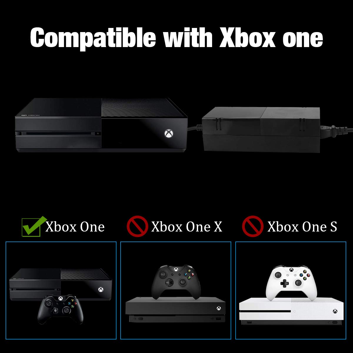 Xbox One Power Supply Brick With Power Cord，Enhance Version AC Adapter Power Supply Charge For Xbox One Console, 100-240V Auto Voltage,Black