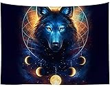 WCHUANG Blue Universe Galaxy Tapestry, Magic Wolf in The Space Tapestry Wall Hanging for Bedroom Living Room Dorm Wall Art Bohemian Bedspread, 51" X 59"