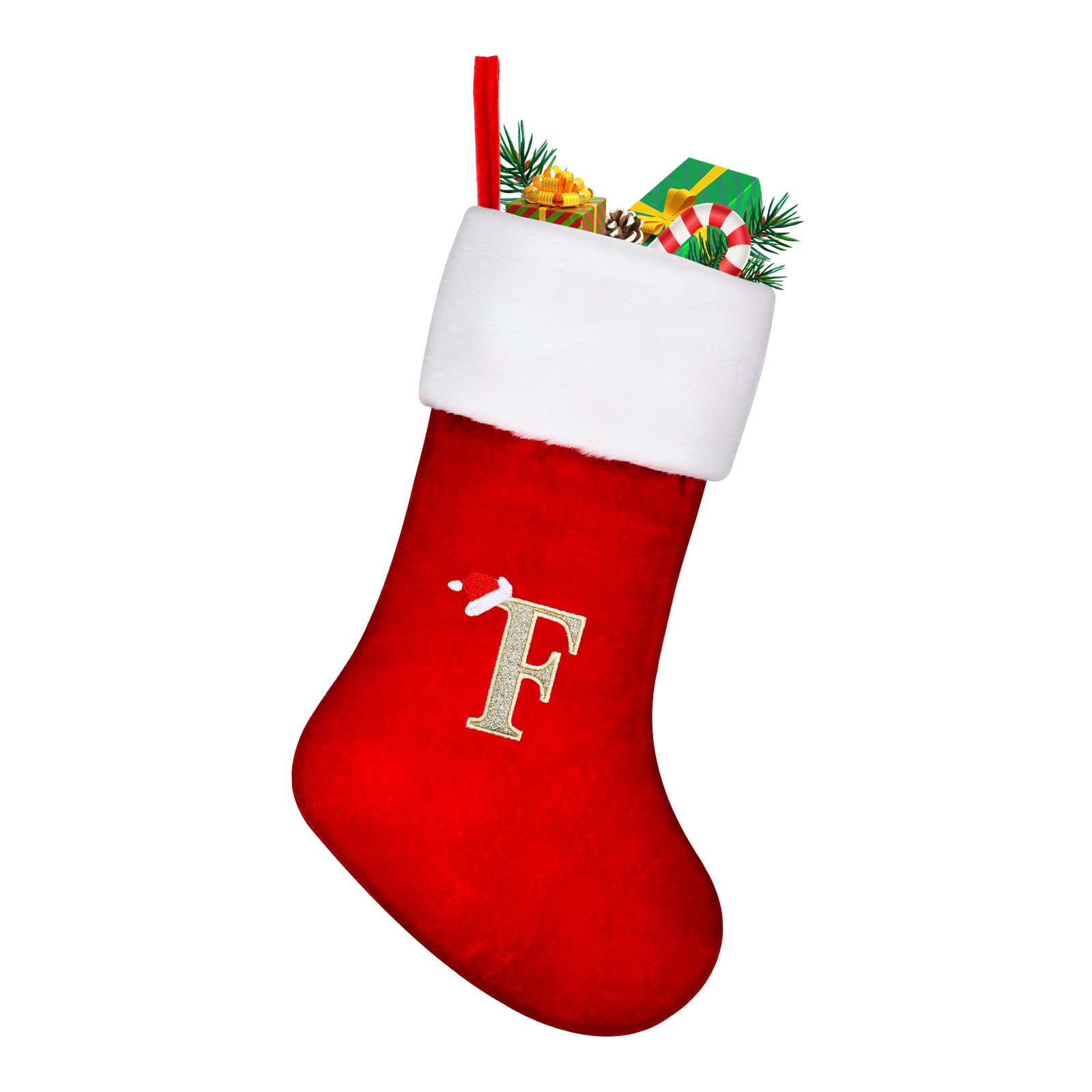 TOPWAYS Christmas Stockings, Large Monogram Xmas Personalized Embroidered Stockings with Letters, Red Fireplace Hanging Santa Socks for Christmas Decor Xmas Gift (F)