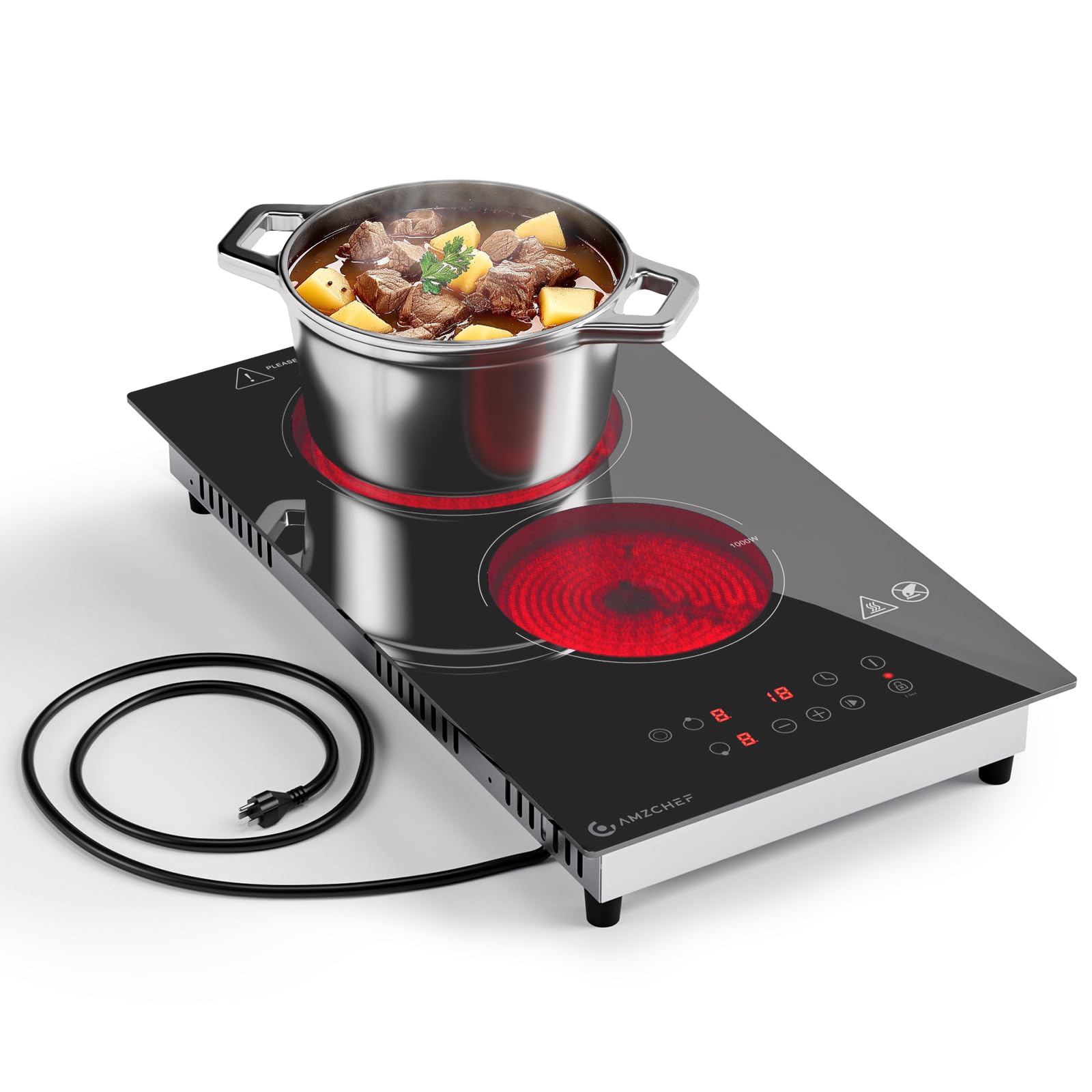 Photo 1 of AMZCHEF 2-Burner-Electric-Cooktop-Electric-Stove, 12 inch Plug in Stove Top 110V-120V, 2 Burner Hot Plate with 1800W & 9 Power Levels, Residual Heat Indicator, Over-Temperature Protection