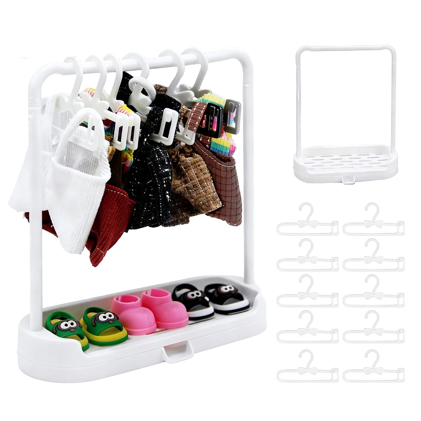 Photo 1 of 15-17cm Doll Clothes Hanger Shoes Stand with Base, 10 Pcs Clothes Hangers for Doll Accessories, Frame with Drain Hole Durable Plastic Dolls Wardrobe Organizer for Dollhouse Decor (White) ?