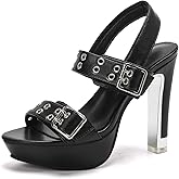 GATUXUS Women's Block High Heels Slingback Sandals Buckle Strappy Open Toe Platform Sandals Wedding Dressy Shoes