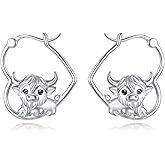 Vadmans Highland Cow Earrings Sterling Silver Animal Heart Hoop Earrings Dangle Drop Dangling Cute Cow Jewelry Gifts for Women