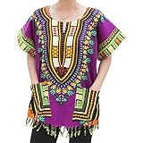 RaanPahMuang Bold Cotton Dashiki Unisex African Shirt With Tassels And Pockets, Large, Purple