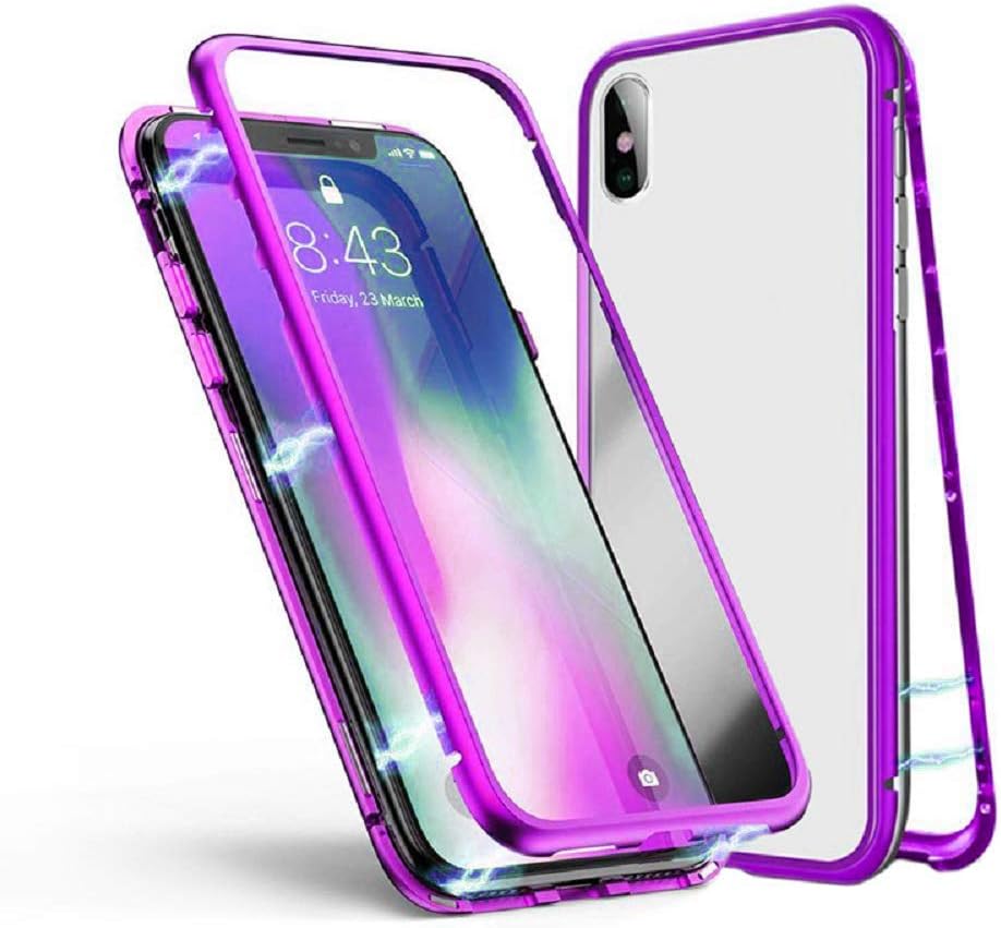MATOP Magnetic Adsorption Case Compatible for Huawei P20 Pro，Ultra Thin Clear Hard Front and Back Tempered Glass Metal Frame 361 Full Body Protection Cover [Support Wireless Charging] (Purple)