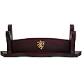 Mythrojan Medieval Sword Stand Solid Wood Horizontal Display Rack for Katana, Samurai, Gladiator, Crusader Swords Elegant Tabletop Holder, 1-Tier - Dark Brown