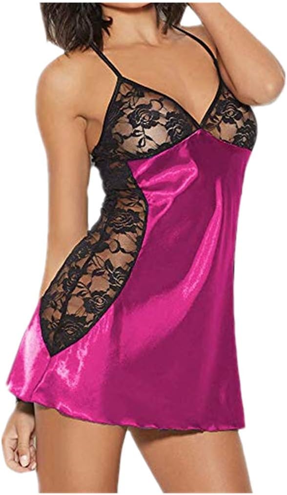 Lace Stitching Nightdress,Women Satin Negligee Babydoll Lingerie Night Dress Lingerie Nightdress Sleepwear Underwear Short Strap Dress V Neck S-3XL Fannyfuny