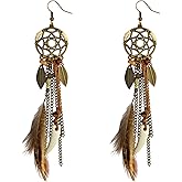 KaFu Punk Vintage Brown Long Tassel Feather Beads Drop Wolf Tooth Pendant Earring Bohemian Fish Hook Dream Catcher Design Earrings Gift for women and grils