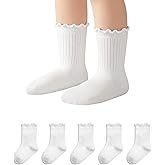 Funjoon 6M-5T Baby Toddler Little Girls Cute Ruffle Socks Cotton Toddler White Frilly Dress Kids Crew Socks 5 Pack