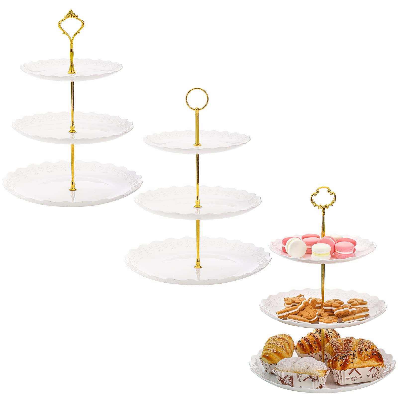Photo 1 of ***MISSING PIECES*** Tosnail 3-Pack 3-Tiers White Plastic Cupcake Stand, Dessert Serving Trays, Party Serving Tray Fruit Pastry Holders Catering Tray for Wedding, Party, Gathering - Round with Gold Rod