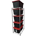 Bin Rack with (5-Pack) 27 Gallon Storage Totes (Red Lid, Black Bin), Stackable, and Lockable (Red)