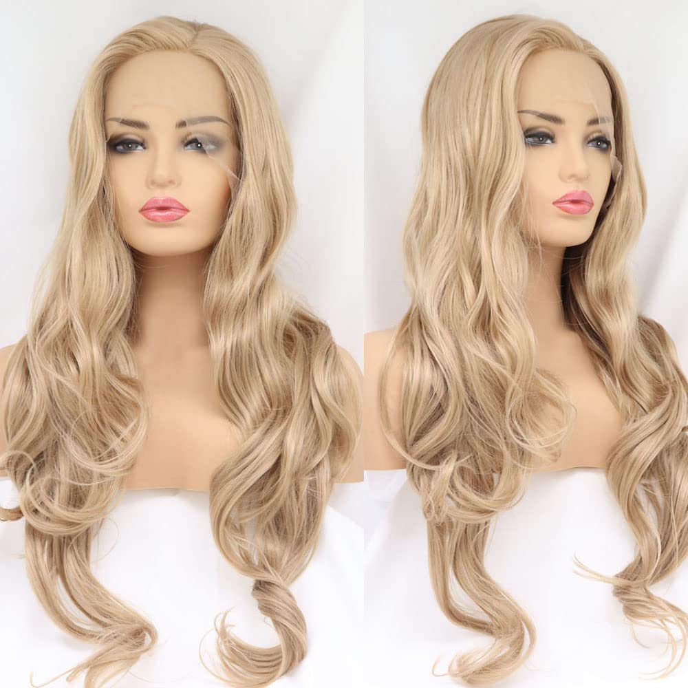 Xiweiya Wigs Sandy Blonde Hair Lace Front Wig Synthetic Champagne Gold Long Body Wave Glueless Side Part Wigs Heat Resitsnat Fiber for Women Girl Wig 24"