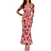 ZESICA Women's Fall Floral Long Sleeve Maxi Dress 2026 Boho Bodycon V Neck Ruffle Wedding Party Long Dresses