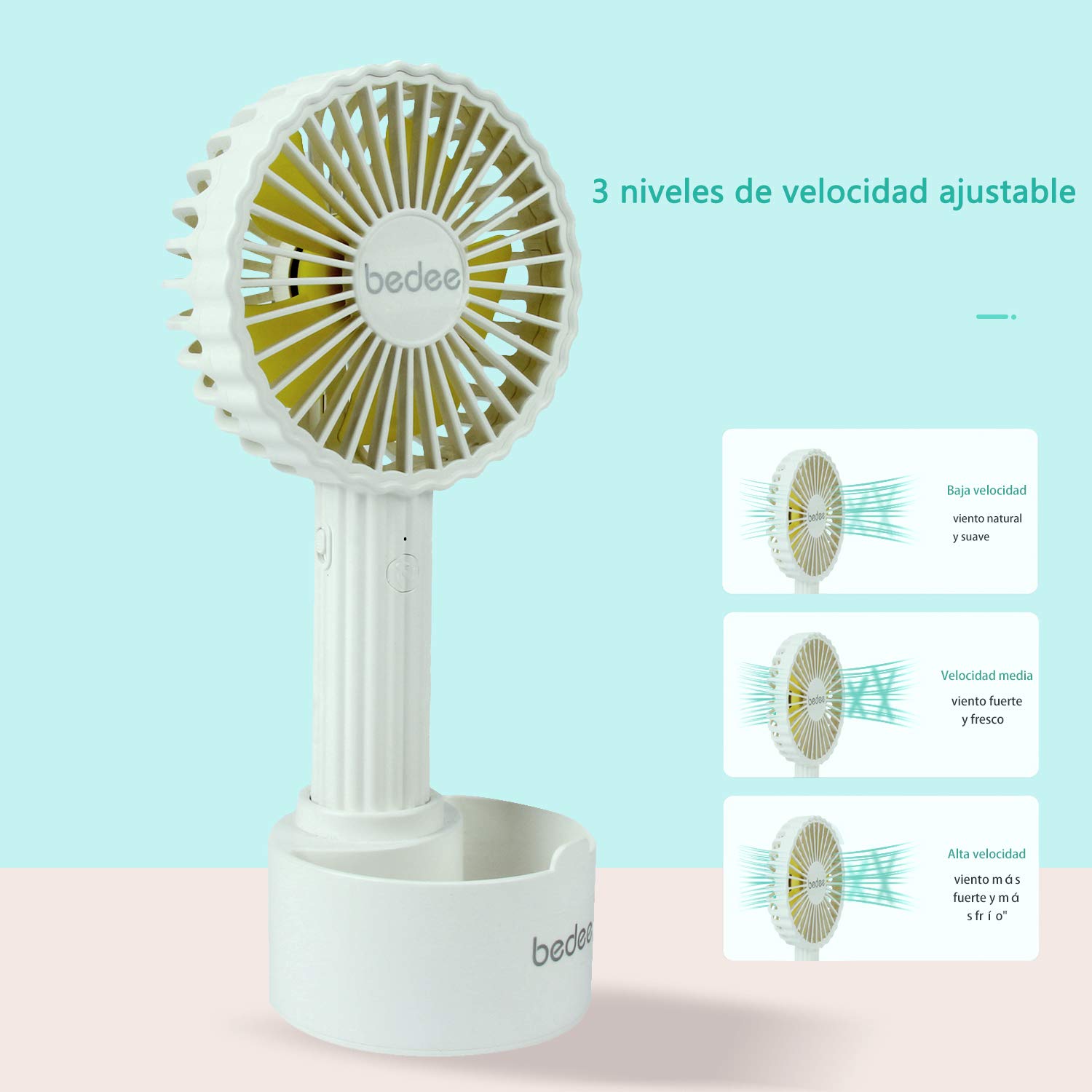 bedee Ventilador de Mano,Mini Ventilador Portatil de Mano para Exteriores con USB batería Recargable de 1200 mAh,3 Niveles de Velocidad Ajustables,casa y Viajes(Blanco)