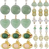 SUNNYCLUE 1 Box 30Pcs 10 Styles Imitation Jade Charms Assorted Crystal Charms Bulk Green White Glass Gold Alloy Heart Mushroom Peanut Flat Round Shaped Pendants for Jewelry Making Bracelet DIY Craft