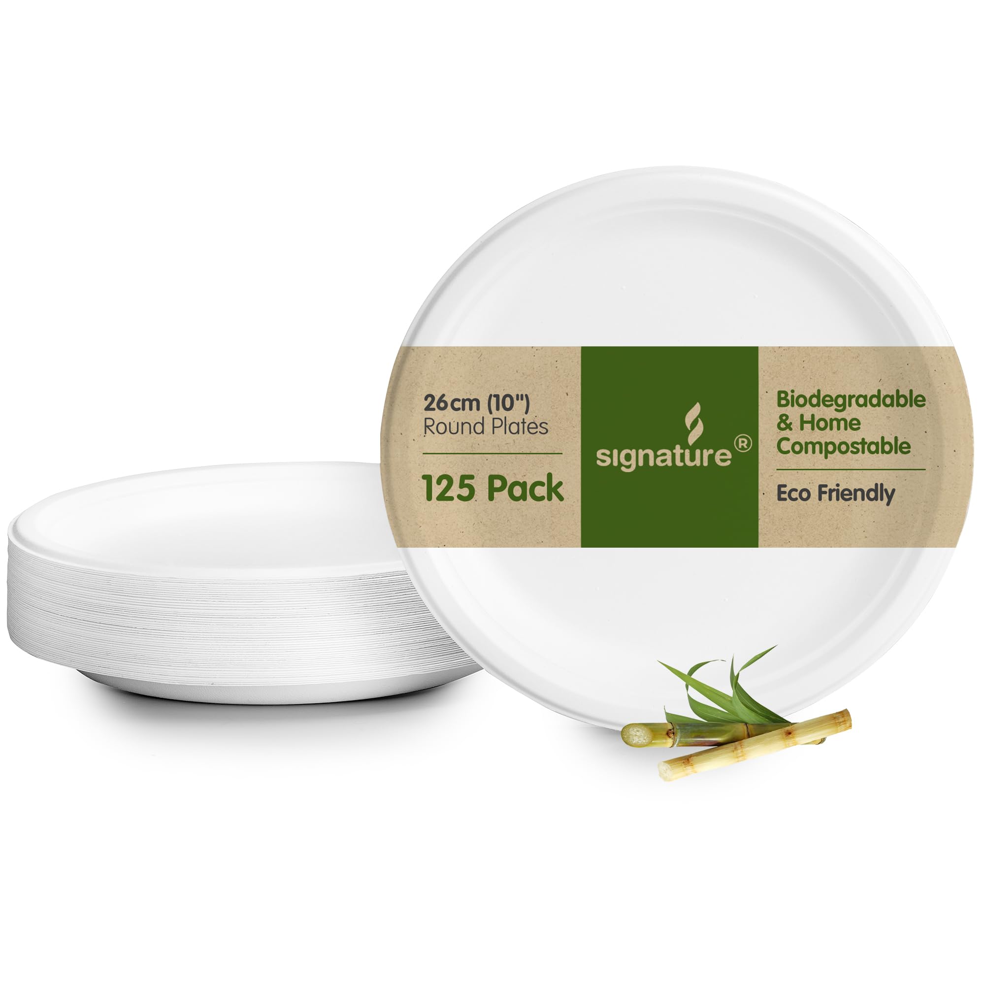 Signature Packaging Sturdy Round Paper Plates, Disposable and Biodegradable Dinnerware for Parties and Events, Eco-Friendly Compostable for Hot and Cold Food - Round 10” (26cm) 125 Plates per Pack