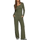 Darong Womens 2 Piece Matching Lounge Sets 2026 Long Sleeve Henley Shirts Wide Leg Pants Airport Travel Outfits