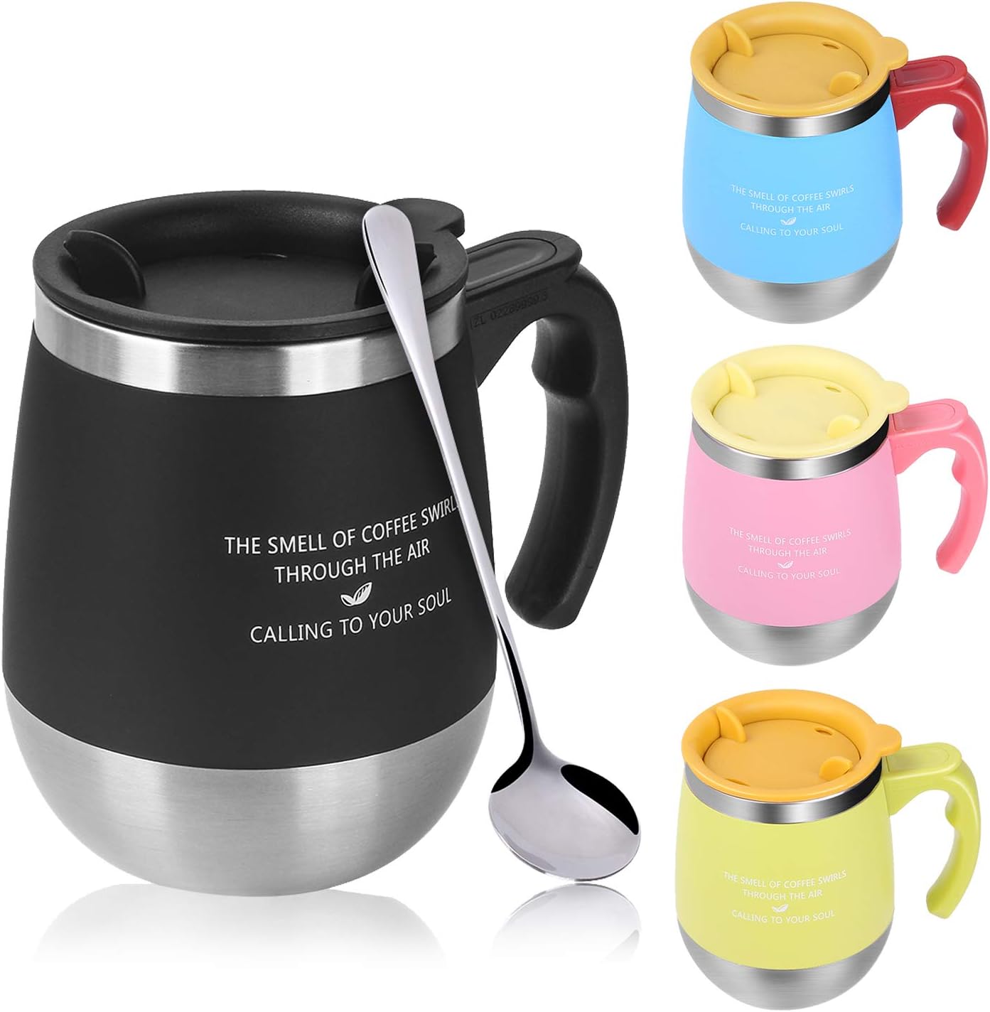 Reusable Insulated Coffee Cup - Travel Tea Water Drinks Mug Double Wall Stainless Steel Thermal Flask with Lid Spoon 450ML Large Volume (Black)