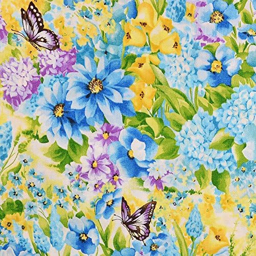 Flower with Butterfly Pattern Fabric 100% Cotton Upholstery Quilting Craft Fabric for Quilt Patterns, Sewing, Curtain and Patchwork Projects - Purple, Blue & Yellow - (Price per /QUARTER Meter)