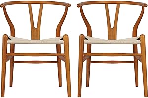 VODUR Wishbone Chair Natural Solid Wood Dining Chair/Hans Wegner Y Chair Rattan and Wood Accent Armrest Chair - Ash Wood Chair Set of 2 (Ash Wood - Chestnut Shell Color Painting)
