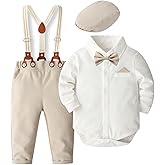 SALNIER Baby Boy Dress Suit Clothes Sets Infant Tuxedo Gentleman Suits Outfits Bowtie Shirt Suspenders Pants Beret Hat