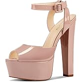 NobleOnly Womens High Block Platform Heel Peep Toe Ankle Strap Sandals Buckle Prom Dress Shoes 5.9 Inches Heels