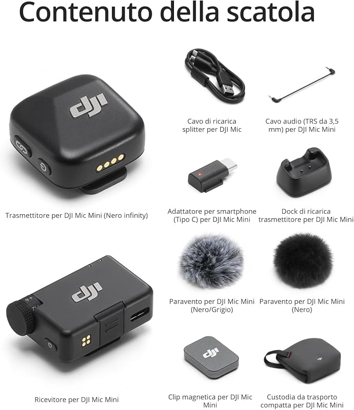 Mic Mini (1 TX + 1 RX), leggerissimo, audio di alta qualità
