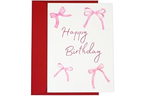 tiangqiwoole Coquette Pink Bow Birthday Card – Girly Happy Birthday Greeting Card for Her, Best Friend, Daughter, Mom, Wife – Cute Fancy Watercolor Design with Envelope (Pink Bow)