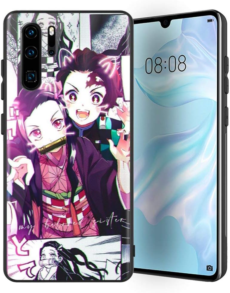 MAOFANG Huawei P30 Pro Tempered Glass Case, Toughened Case Back Cover with Soft Silicone Bumper, Shockproof Protection Demon Slayer Kimetsu no Yaiba 279 Phone Case for Huawei P30 Pro (6.47 Inch)