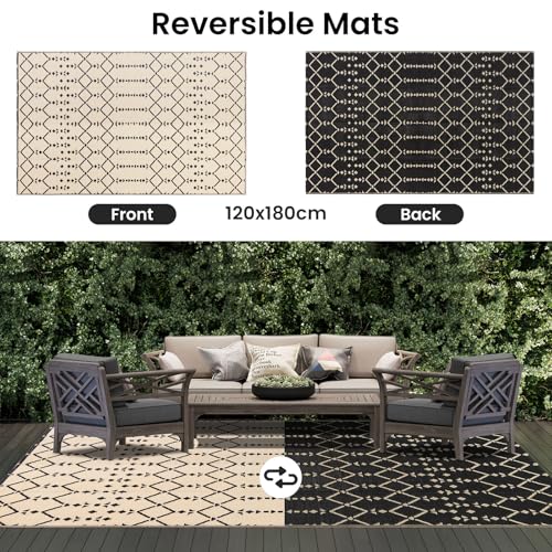 Homaxy Outdoor Rug Weatherproof 120 x 180 cm, Both Sides Usable, Waterproof, Bohemian Carpet for Patio, Garden, Balcony, Camping, Picnic, Beige